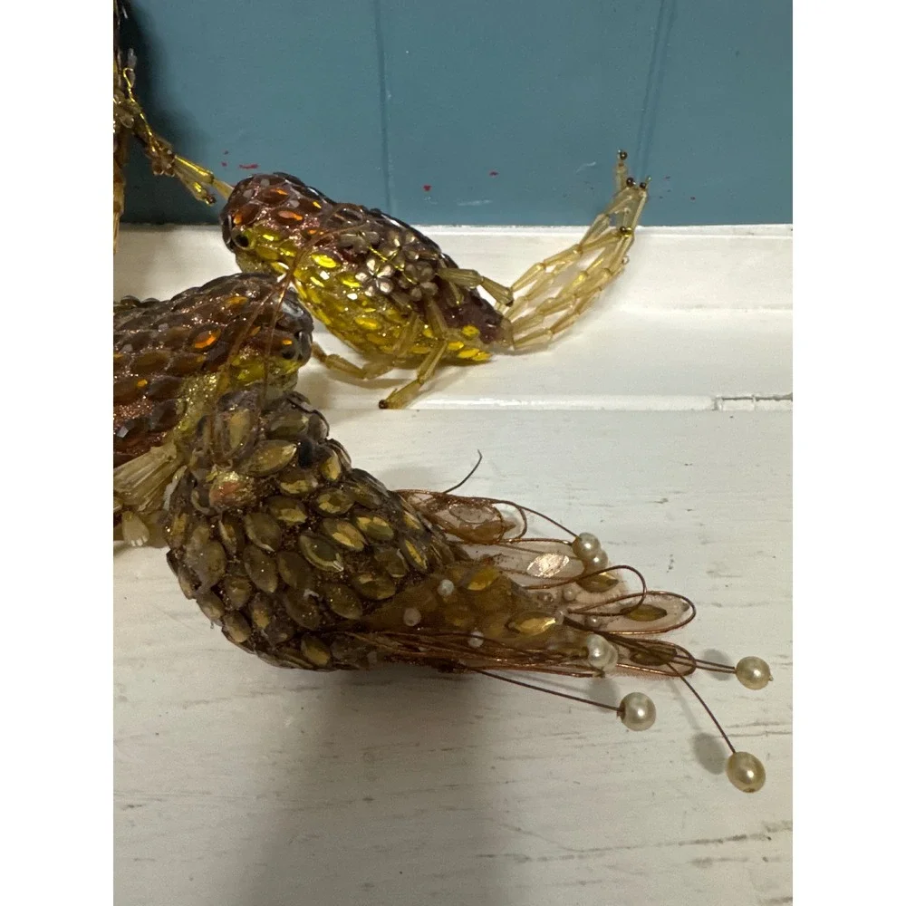 Set of 5 golden brown birds Ornaments Figurines‎ sitting parakeets